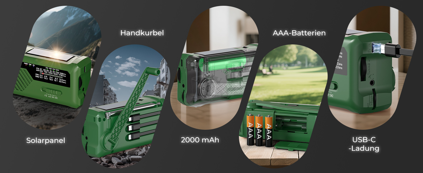 Радіо PRUNUS J-366 FM/AM/SW з ручним заводом, акумулятором 2000mAh та функцією зарядки телефону - аварійне радіо з ліхтариком, SOS сигналом, для подорожів, чорне/зелене