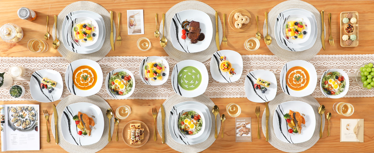 VEWEET Набір посуду з порцеляни для 4 осіб (24 елементи), серія FIONA: чорно-сірий декор, 12 елементів (тарілки та миски), підходить для щоденного використання, миється в посудомийній машині та розігрівається в мікрохвильовці