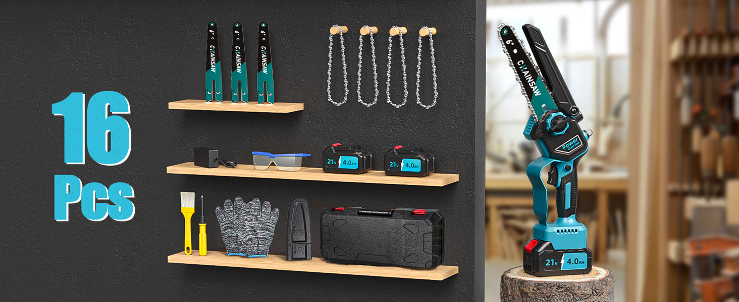 Акумуляторна міні-пила 8000mAh, безщіткова акумуляторна ланцюгова пила 6 дюймів, пила для гілок з автоматичним змащенням, 2 акумулятори 4000mAh, ручна акумуляторна пила сумісна з акумуляторами Makita 18V для різання деревини