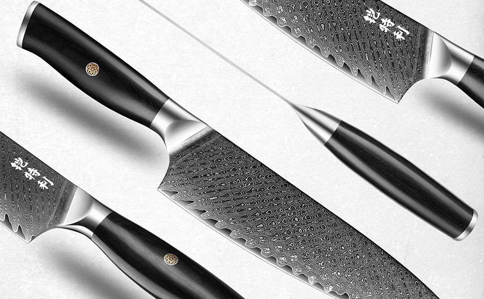 Ніж кухарський Kitory Damastmesser 20 см, 73 шари дамаської сталі, сталь 10Cr15CoMoV, ручка з паккавуду