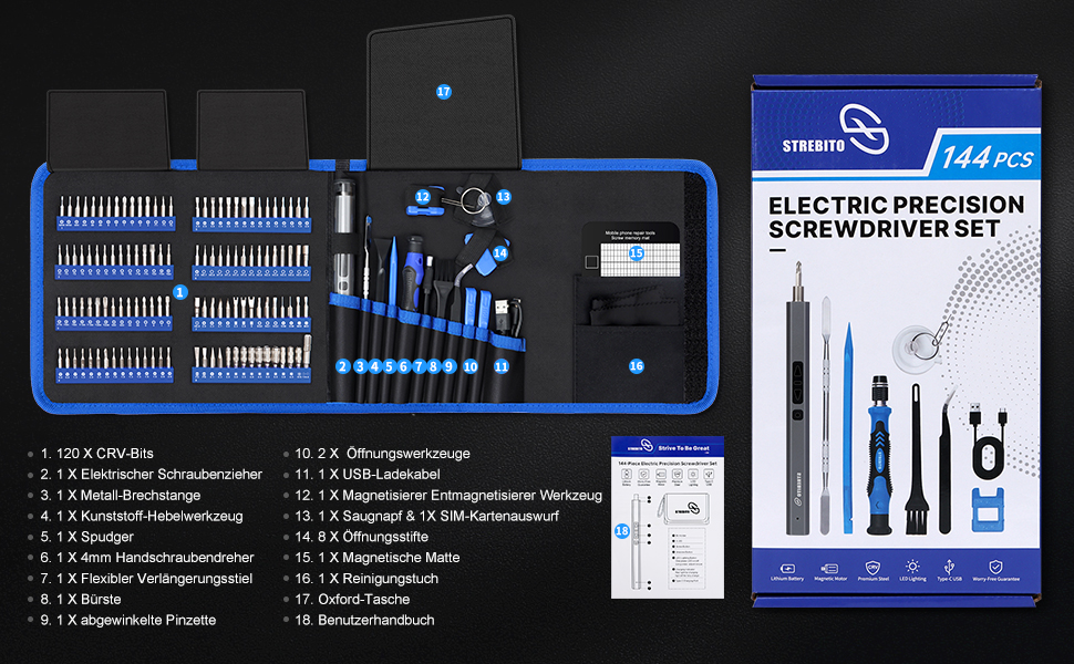 Міні-шуруповерт STREBITO, 144 шт. Прецизійний набір інструментів для ремонту електроніки (PC, Laptop, Телефон, Дрон)