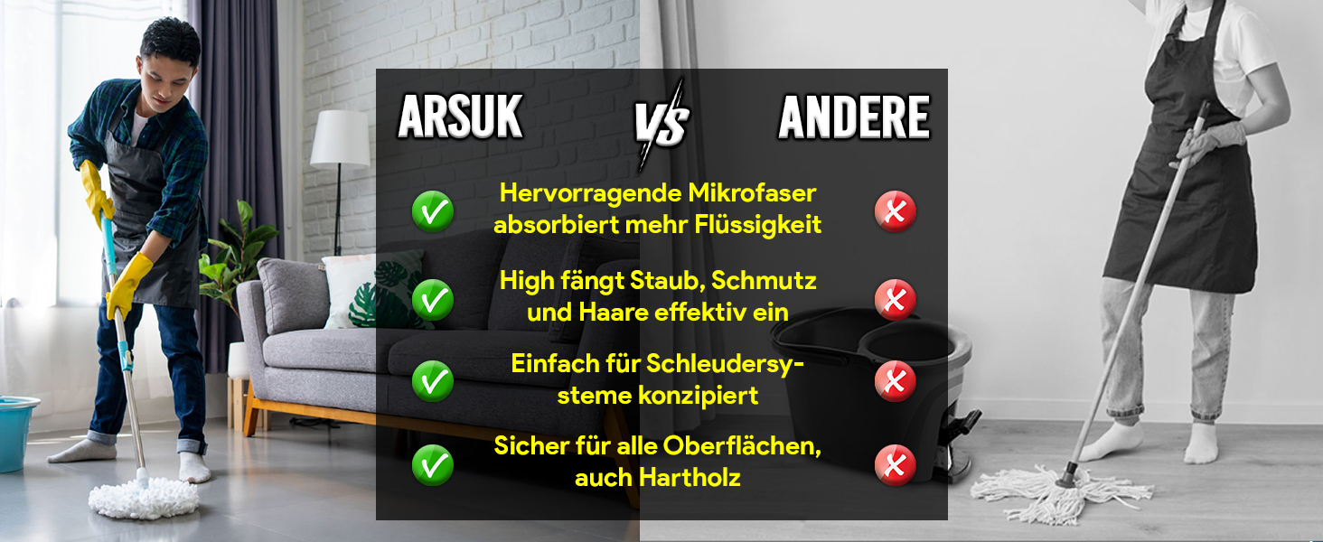 Набір для миття підлоги ARSUK з відром та функцією віджиму – 4 змінні насадки | 360° обертання | Підходить для паркету, плитки та ламінату