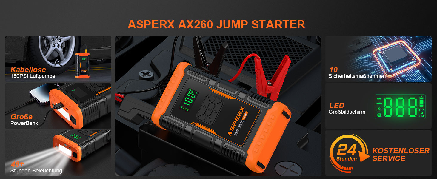 Powerbank з компресором ASPERX Starthilfe: 150PSI, 3000A, LED ліхтарик, для 12V авто, мото, SUV (до 10L бензину або 8L дизеля)