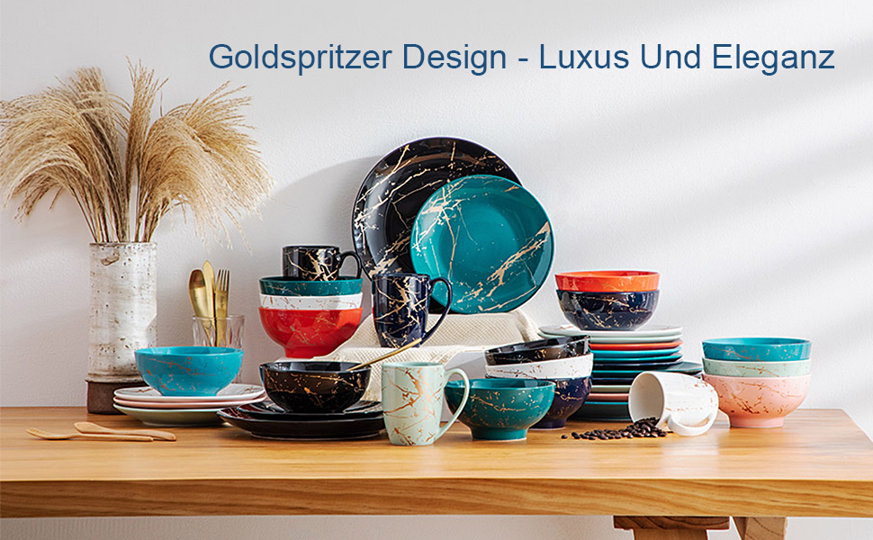 LOVECASA Набір посуду Sweet 16: 16-ти частинний сервіз з золотим декором, жовтий, для 4-12 осіб