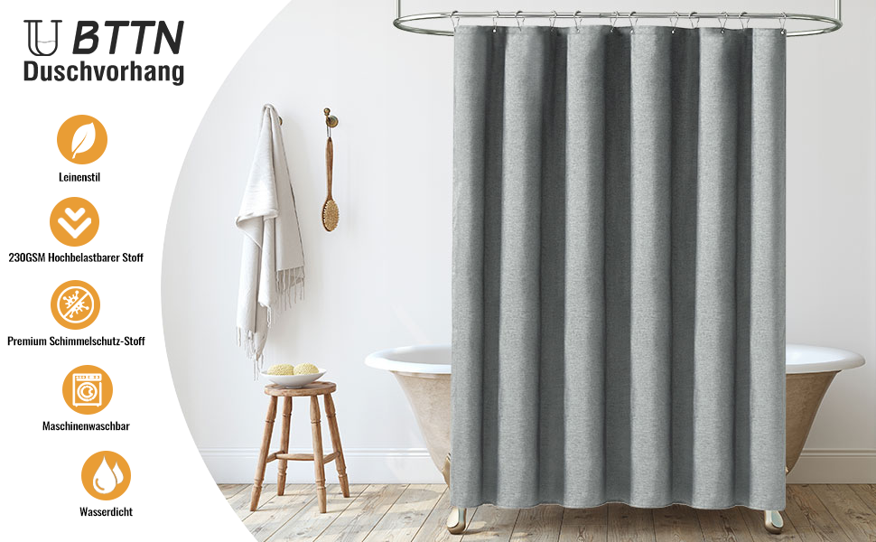 Штора для душу BTTN з льону 180x200 см, сіра, антигрибкова, з гачками, поліестер