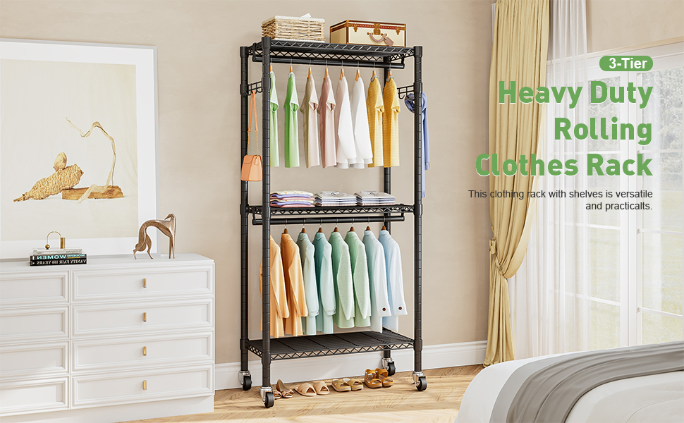 Вішалка для одягу на коліщатках металева з 3 штангами та полицею, чорна (41x81x210 см)