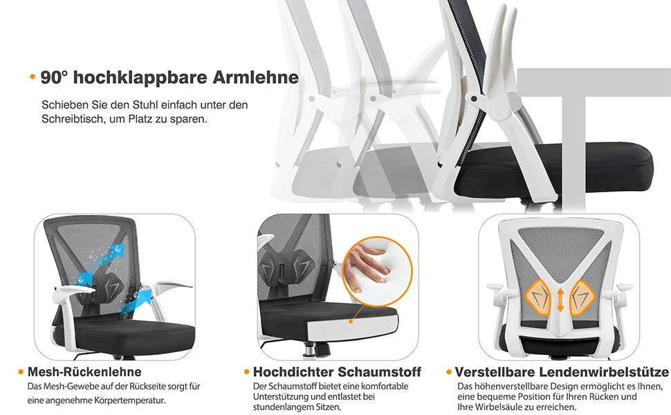 Офісне крісло Yaheetech з підйомними підлокітниками, сітчасте, ергономічне, з підтримкою попереку, функцією гойдання та регулюванням висоти (біле)