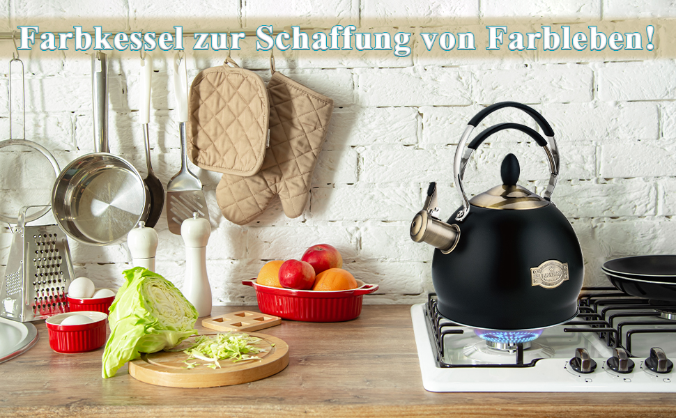 Півлітровий чайник-свисток з нержавіючої сталі з термостійкою ручкою, підходить для всіх типів плит, включаючи індукційну, чорний