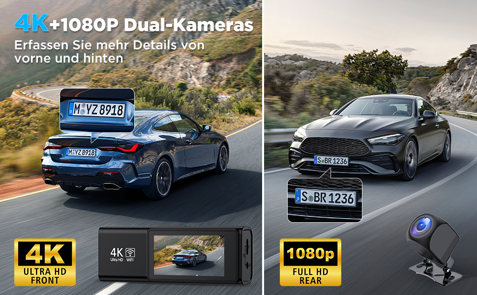 Відеореєстратор Topabol Dashcam Auto 4K + 1080P з Wi-Fi, двома камерами, нічним баченням, G-сенсором та підтримкою карт пам'яті до 256GB