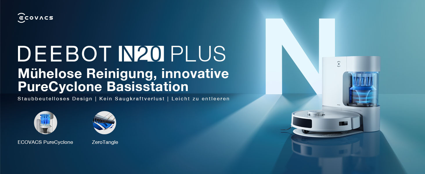 Робот-пилосос ECOVACS DEEBOT N20 Plus з функцією миття, 8000Pa, PureCyclone Station, без мішка, захист від заплутування волосся, до 300 хв роботи, білий