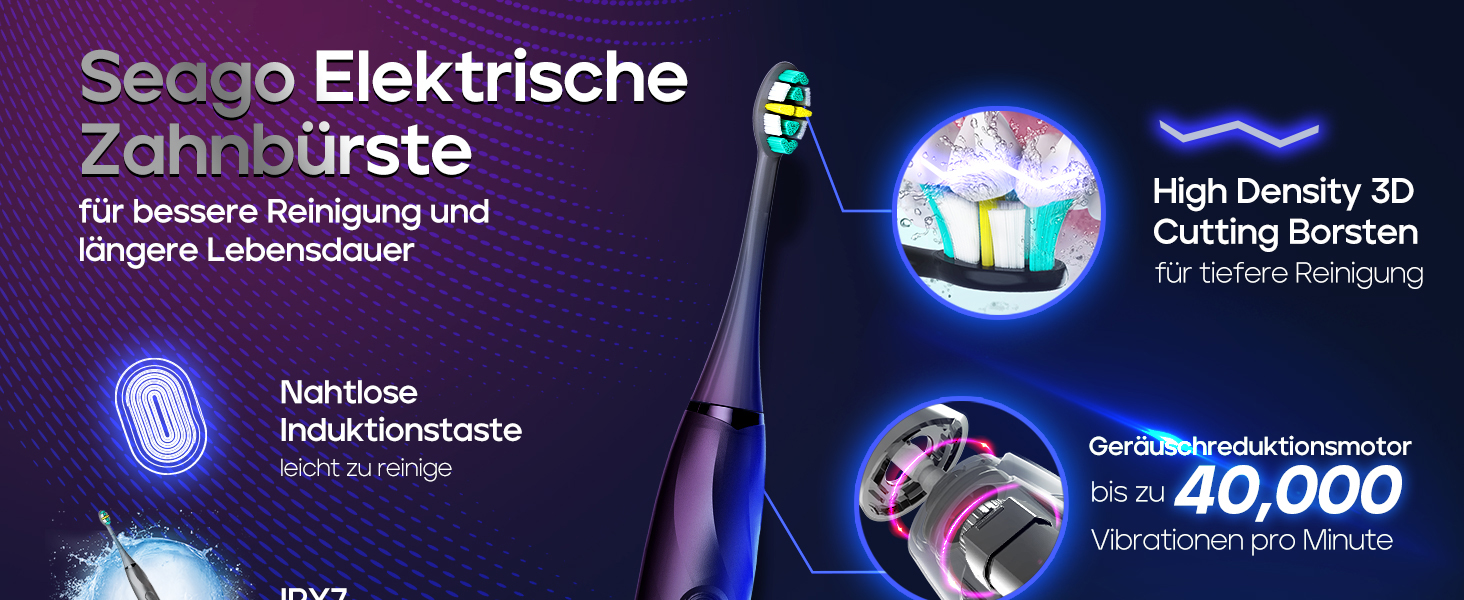 Електрична зубна щітка Seago з датчиком тиску, 40000 VPM, 8 насадок, 5 режимів, звукова, з підставкою, чохол, для дорослих, SG-2752 (Чорний)