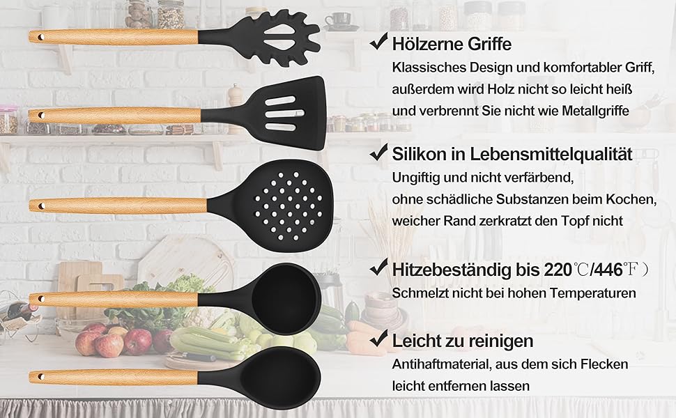 Набір кухонних аксесуарів Homikit 15 предметів з чорного силікону та дерев'яними ручками. Кухонний аксесуар, стійкий до високих температур, легко миється. З підставкою для аксесуарів.