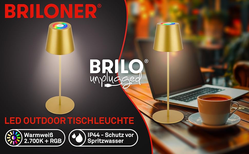 Світлодіодна настільна лампа Briloner бездротова з сенсорним керуванням, димування, регульована висота, нічна лампа, лампа для читання, кемпінгу, акумуляторна, для вулиці, 36x10.5 см