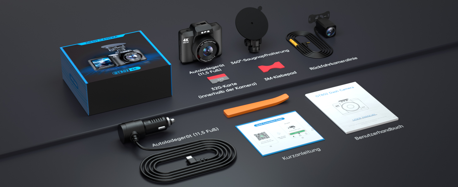 Відеореєстратор Auto Dashcam 4K+1080P з GPS, WiFi, паркуванням, подвійний об'єктив, 32GB карта пам'яті, 170° кут огляду, Super нічне бачення, G-сенсор, циклічна запис, керування через APP, Max 256GB, чорний