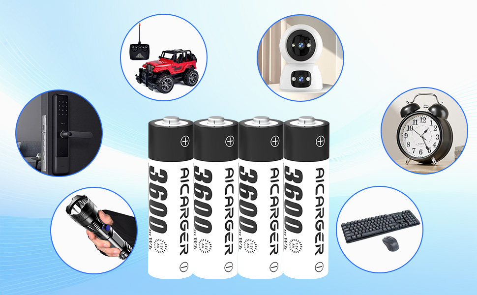 Зарядний пристрій для акумуляторів AA/AAA AICARGER з LCD дисплеєм, 4 слоти, 5V/2A, USB-C, 4 x AA 3600mAh в комплекті