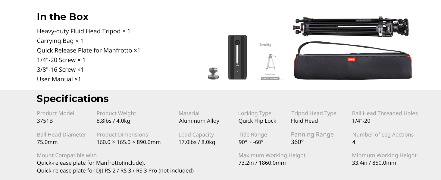 SMALLRIG Штатив відео, 186 см, для DSLR, Camcorder, камер, вантажопідйомність 8 кг - 3751B