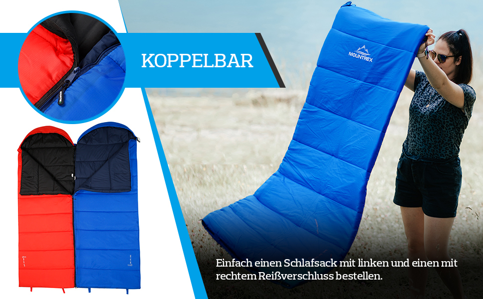 Mountrex 3-Season Sleeping Bag for Camping & Outdoor - Lightweight, Warm & Comfortable Sleeping Bag (205 x 75cm) - Adult, Unisex, Couplable Zipper - Blue
