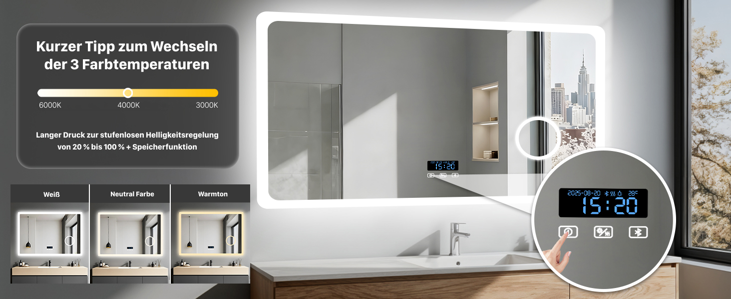 Дзеркало для ванної кімнати LUVODI з підсвічуванням 100x70 см: годинник, температура, дата, проти запотівання, регулювання яскравості, 3 кольори світла, функція пам'яті, LED, водонепроникність, збільшення 3x, Bluetooth