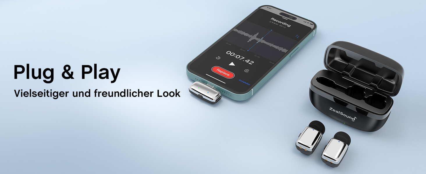 Мікрофон ZealSound Mini Wireless з USB-C/Lightning, для Android/iPhone, з шумозаглушенням, 33h акумулятор, 100м, для Vlogging, TikTok, Podcast, YouTube (M6 Чорний/Срібний)