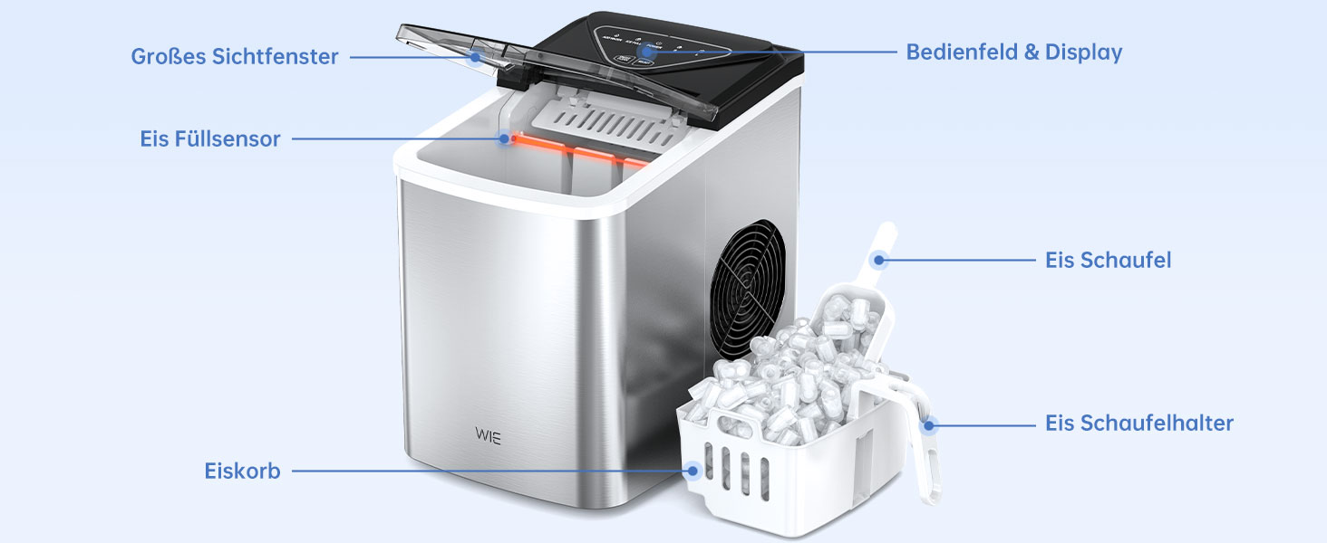 Машина для приготування льоду WIE 1.3L, 9 кубиків за 6 хвилин, тиха, самоочисна, для кухні, офісу, бару, вечірки (срібляста)