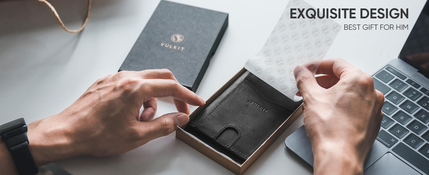 Чоловічий шкіряний картхолдер VULKIT з RFID захистом, чорний - Slim Wallet для 10 карт