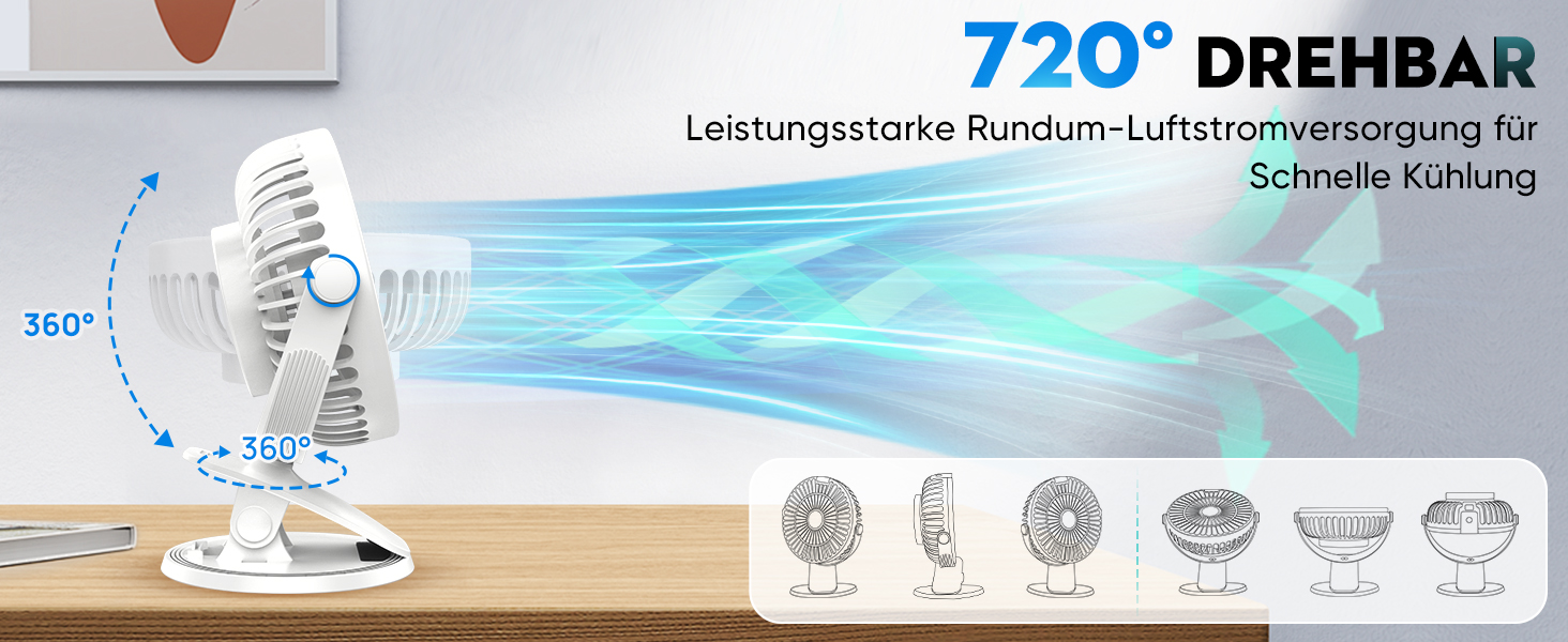 COZII Міні вентилятор на кліпсі USB, акумуляторний, тихий, 5 швидкостей, 720° оберт, 16 см, для дому, офісу, подорожей (білий)