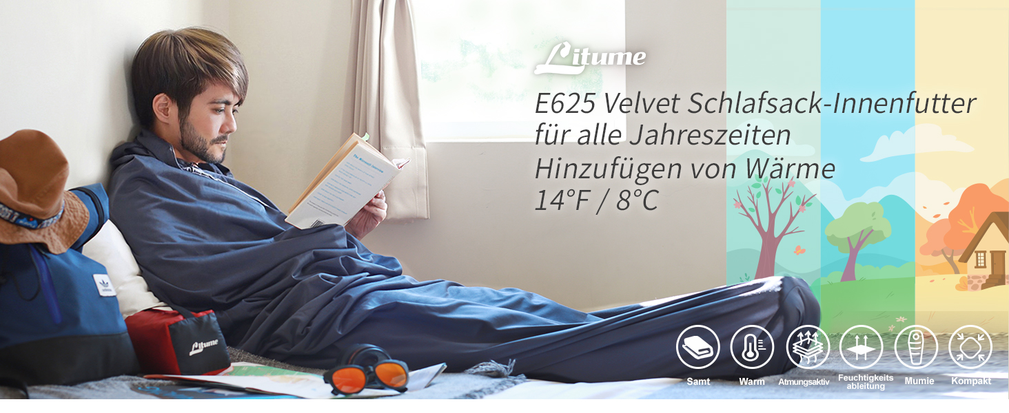 Вкладиш у спальник Litume Thermolite/Velour, антисептичний, для кемпінгу та походів, для температури 12°C/8°C, легкий, з капюшоном та шнурком, універсальний, мумія, рюкзачний, для цілорічного використання