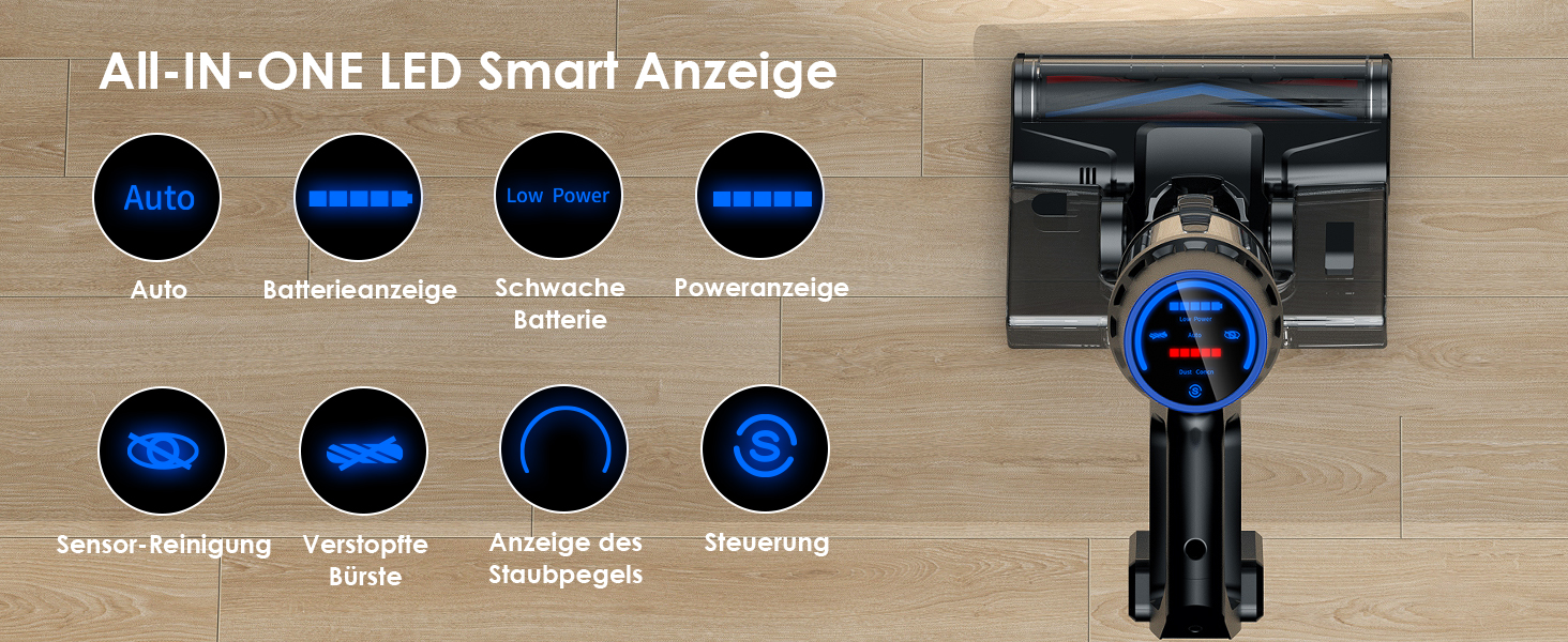 Бездротовий акумуляторний пилосос з функцією миття підлоги, 45000 Па/550 Вт/60 хв, безщітковий двигун, LED-дисплей, самостійна парковка, для твердих поверхонь, килимів та шерсті тварин, блакитний