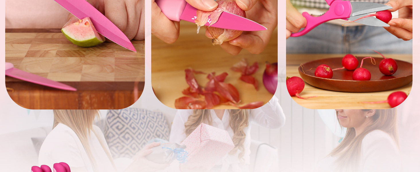 Набір ножів Hecef 14 предметів у блоці, з антипригарним покриттям, для посудомийної машини, самозаточуваний, ергономічні ручки, кухонний набір для будь-якої кухні (рожевий)