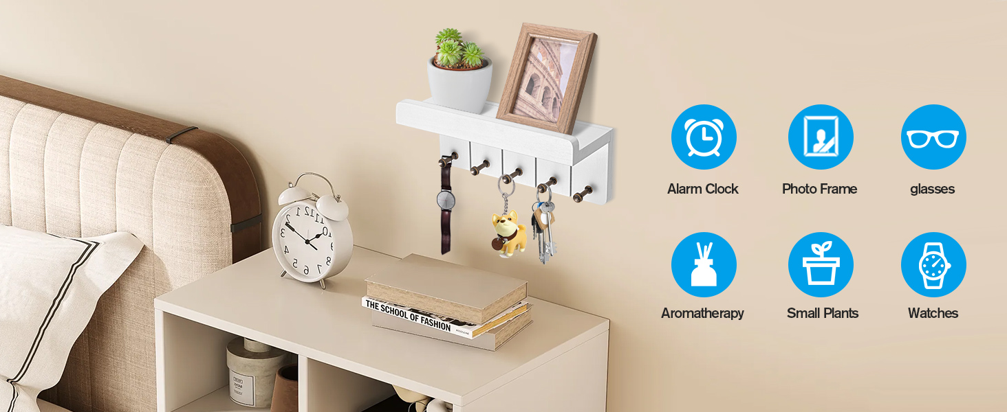 Дерев'яне ключниця з полицею, білий колір, 5 гачків, декоративна настінна полиця для прихожої, кухні, спальні