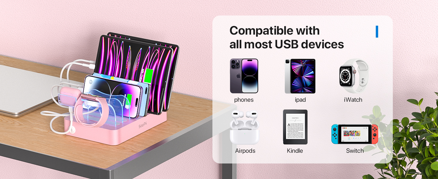 Зарядна станція SooPii USB з органайзером на 6 портів 50W + 6 кабелів + тримач для iWatch, біла (Рожева)