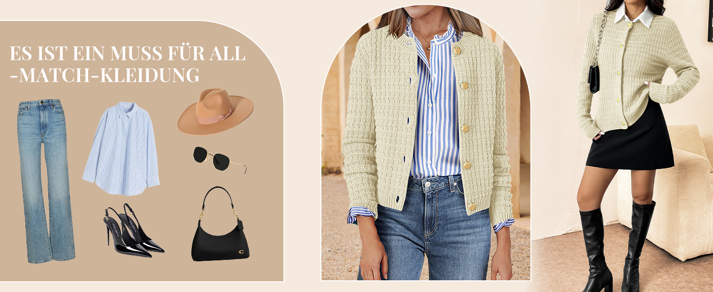 Жакет Zeagoo з довгими рукавами, кардиган з круглою шиєю, в'язаний жакет на ґудзиках, відкритий спереду, елегантний в'язаний светр для жінок (M, пісочний)