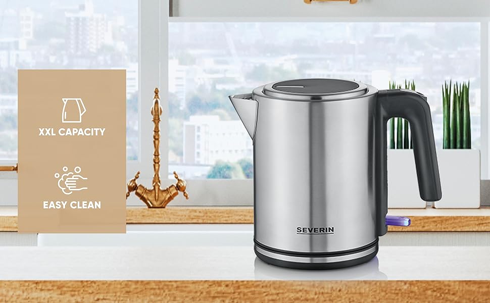 Електричний чайник SEVERIN 1 л з індикатором рівня води, фільтром від накипу, великим соплам, потужністю 2400 Вт, срільно-чорний колір, нержавіюча сталь, WK 3489