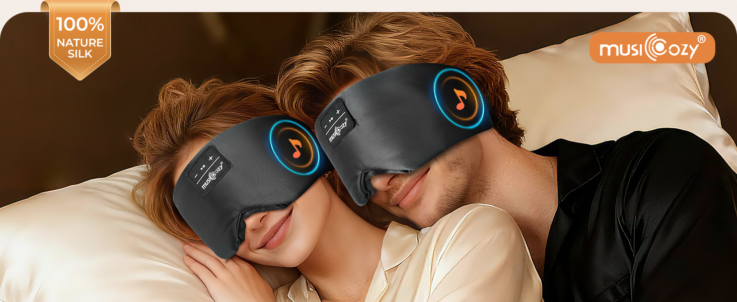 Маска для сну з Bluetooth навушниками Musicozy з 100% шовку Мульбері, 3D маска для сну для тих, хто спить на боці, повна затемненість, без тиску на очі та вуха, м'яка, дихаюча, 14 годин автономної роботи, чорна