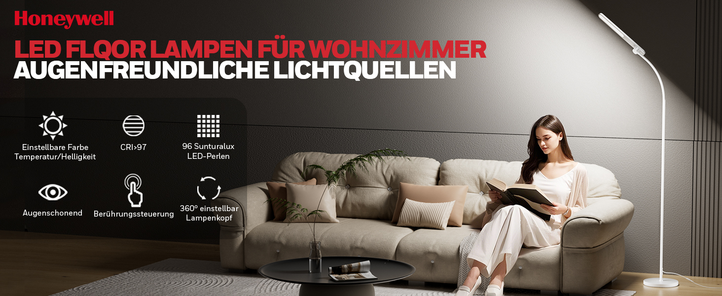 LED торшер Honeywell F4 Sunturalux™ з регулюванням яскравості, гнучкий гніздовий з'єднувальний елемент, сучасний дизайн для комфортного читання у вітальні, спальні, офісі (білий)
