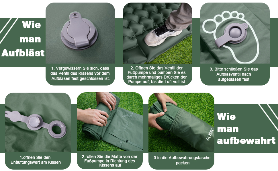 JATEKA Self-Inflating Sleeping Pad - Ultralight Camping Mat with Pillow & Foot Pump - Compact Sleeping Pad for Backpacking, Hiking, Travel & Tent Use