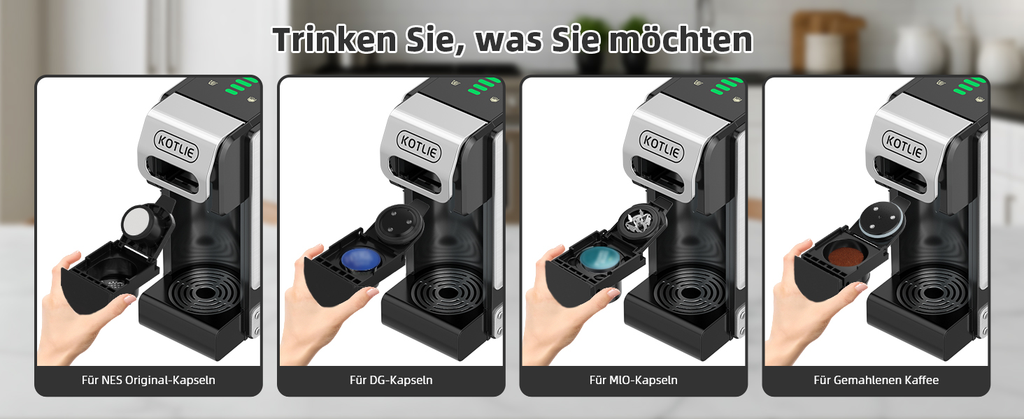 Кавомашина KOTLIE ST-550 Multi-Kapsel: 4-в-1 для Nes Original, Dolce Gusto, MIO та меленої кави, 19 Bar, 19 Bar, 7 рівнів об'єму води