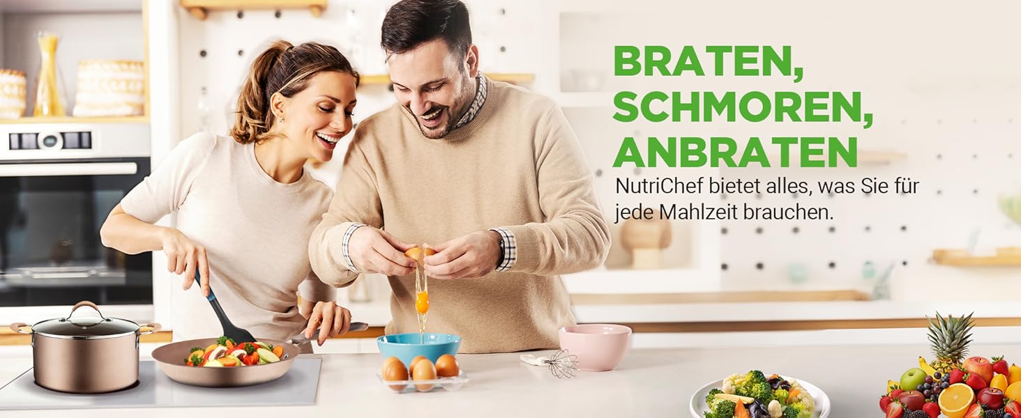 Набір посуду NutriChef для індукції та всіх типів плит, 14 предметів, антипригарне покриття без PFOA/PFOS, сталь та алюміній, золотий