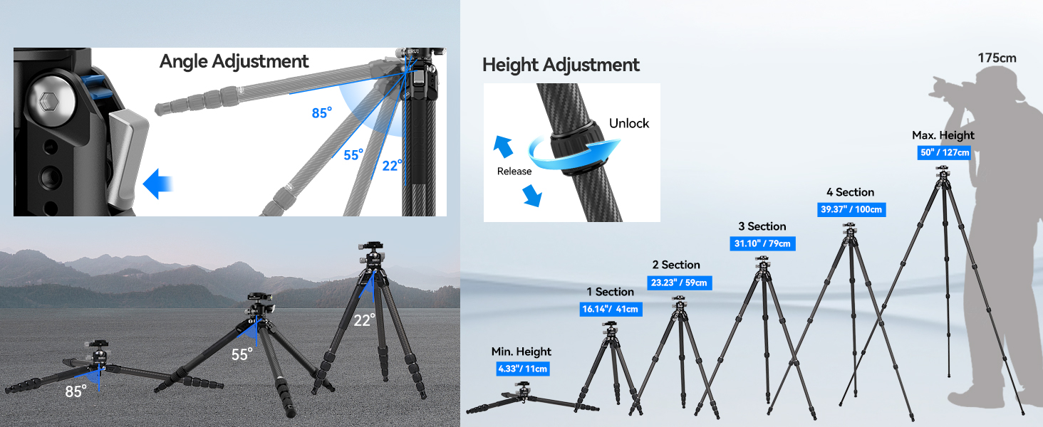 Штатив SIRUI AM-225 Carbon з кульковою головкою 360° (B-00K), 127 см, 0.93 кг, 6 кг. Легкий та компактний професійний штатив з 5 секціями, швидкознімною платформою