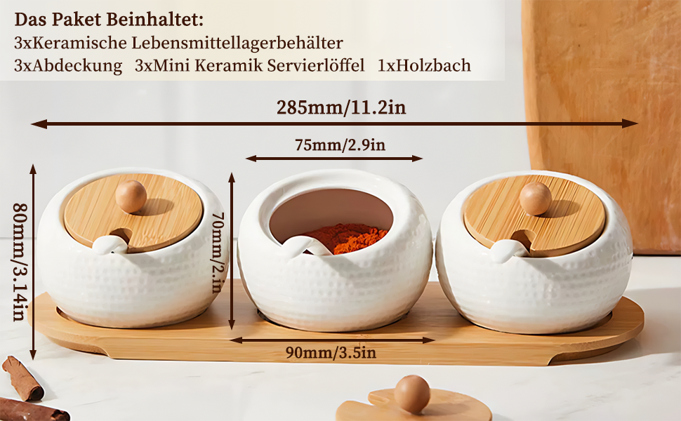 Набір керамічних баночок для спецій, 3 шт. з бамбуковими кришками, ложками та підставкою. Об'єм 170 мл. Підходять для кави, цукру, солі та спецій.