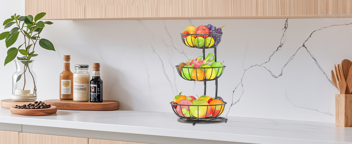 PouHenier 5-ярусная фруктова корзина для кухні, металева етажерка для фруктів та овочів, з тримачем для бананів, чорного кольору
