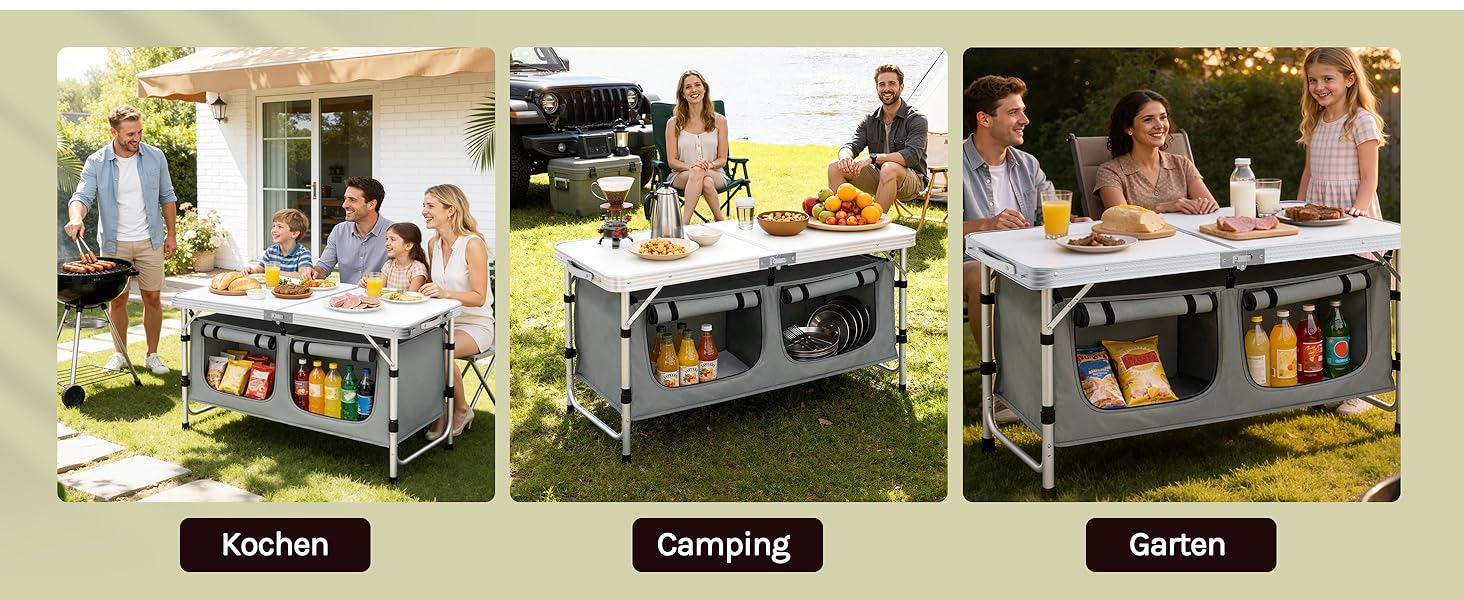 Складний алюмінієвий кемпінговий стіл WOLTU з регульованою висотою та полицями для зберігання, білий+сірий - для пікніка, пляжу, саду