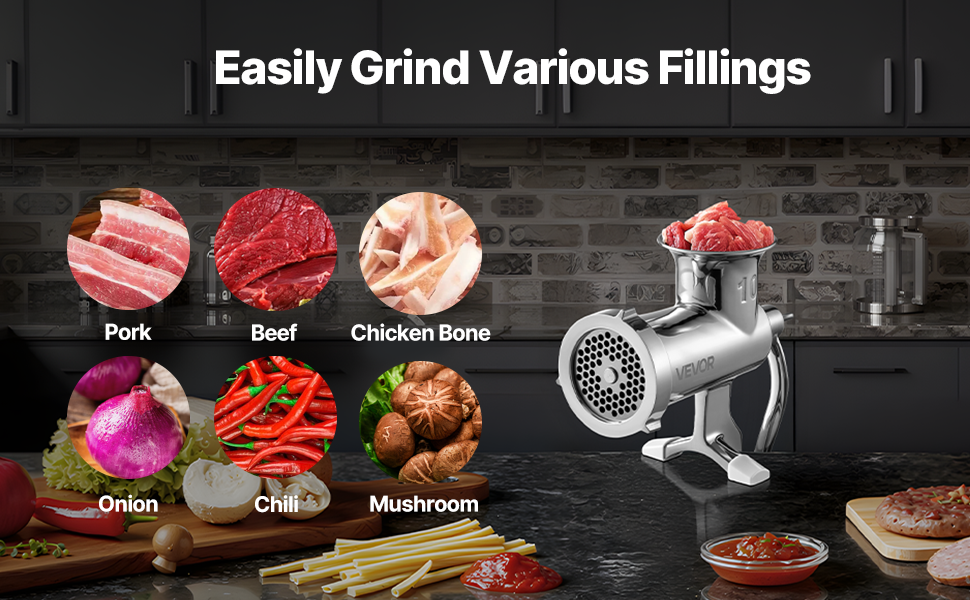 М'ясорубка ручна VEVOR з нержавіючої сталі, з присоскою та насадками для ковбас, для дому, кухні, ресторану, м'ясного магазину #10