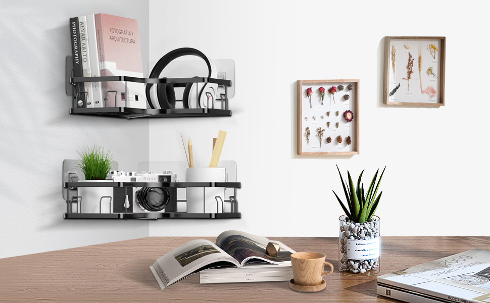 Кутова поличка для душу MOSUO без свердління, 2 шт. з 8 гачками та 6 клеями, нержавіюча сталь, чорний колір, L-1