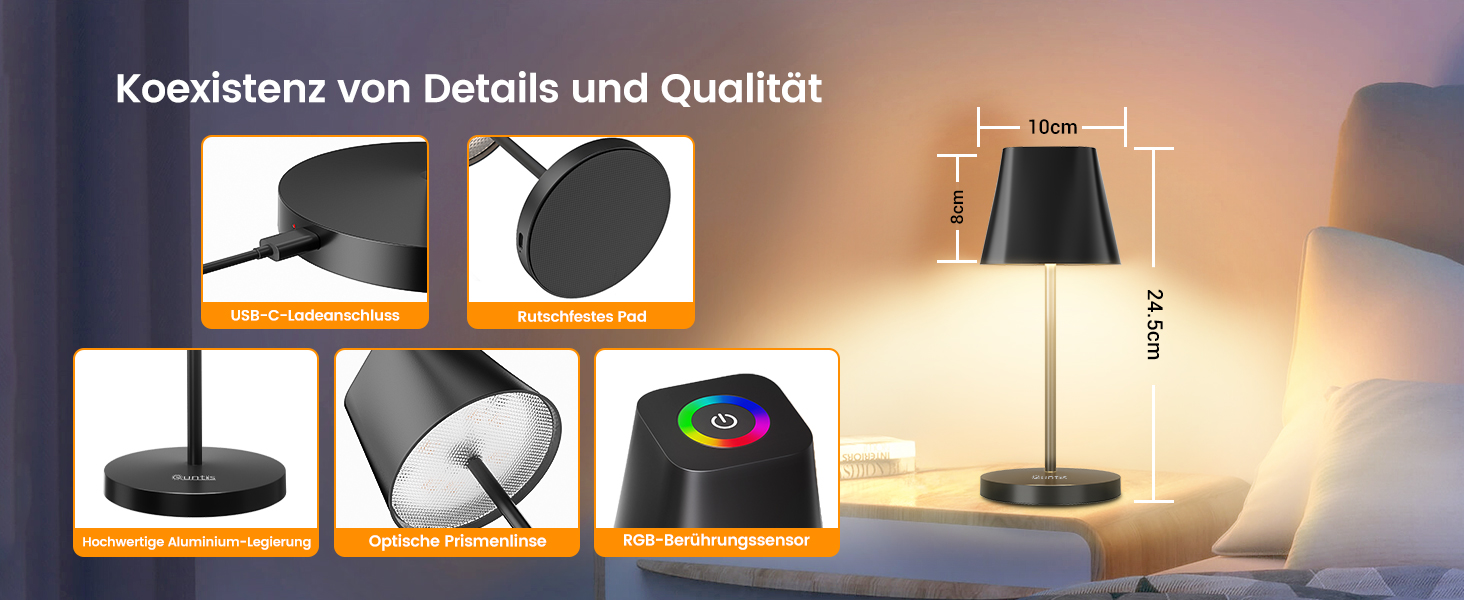 LED настільна лампа Quntis бездротова, торцева, з регулюванням яскравості, акумуляторна, USB, 3000K-5000K, IP44, для дому та вулиці, чорна (2, 3 колірні температури + RGB)