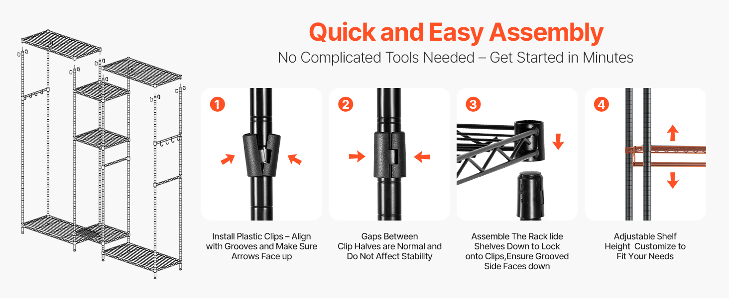 Стійка для одягу VEVOR з 4 перекладинами, 7 полицями та 8 гачками – міцна конструкція (385,5 кг) для спальні, магазину одягу, прихожої