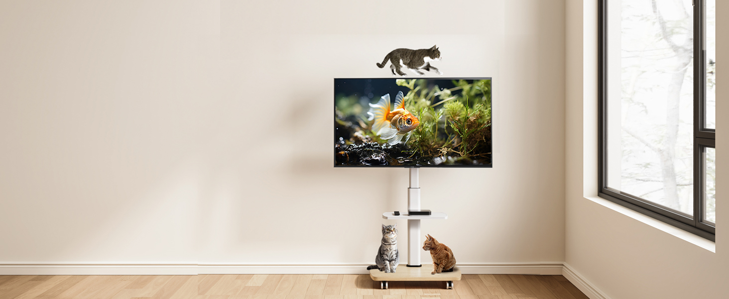 AOKCOS Rolling TV Stand with Wood Shelf - Adjustable Height & Swivel - Fits 32-65 Inch TVs - Up to 40kg, VESA 400x400mm