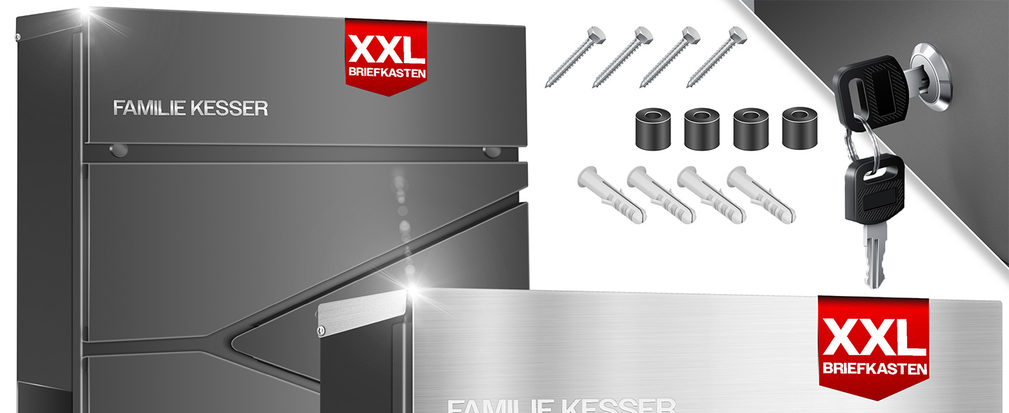 Поштовий ящик KESSER з газетницею, нержавіюча сталь, сріблясто-антрацитовий, з 2 ключами, настінний, з м'яким закриттям кришки, з кріпленням