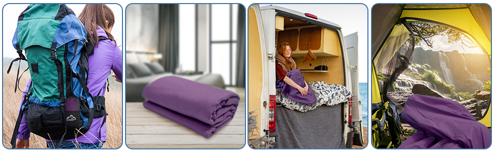 Спальний мішок туристичний 2в1 з мікрофібри, 220x95 см, для кемпінгу, хостелів та гірських притулків, зелений/фіолетовий