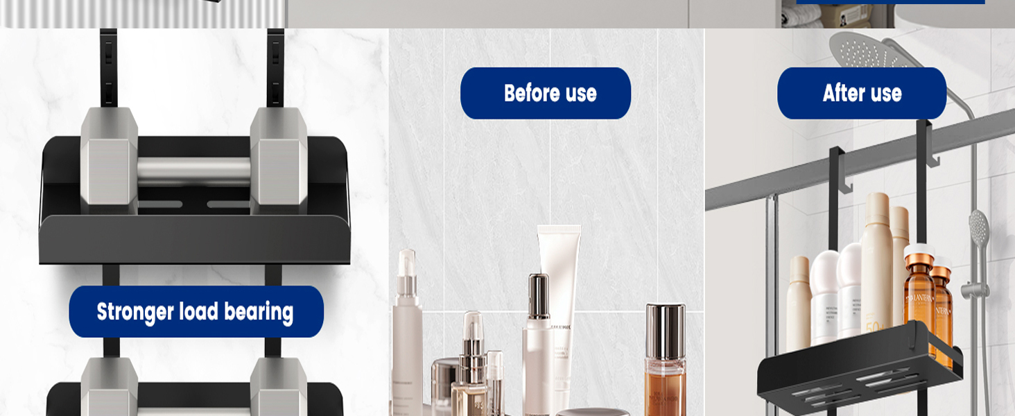 Настінна поличка для душу без свердління, чорна, з 4 гачками. Органайзер для шампуню та інших аксесуарів у ванну кімнату та кухню. Підходить для безрамкових скляних дверей.